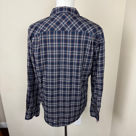 Vince Flannel Shirt Mens Large Navy Blue Brown Plaid Button Up Long Sleeve - Picture 5 of 8